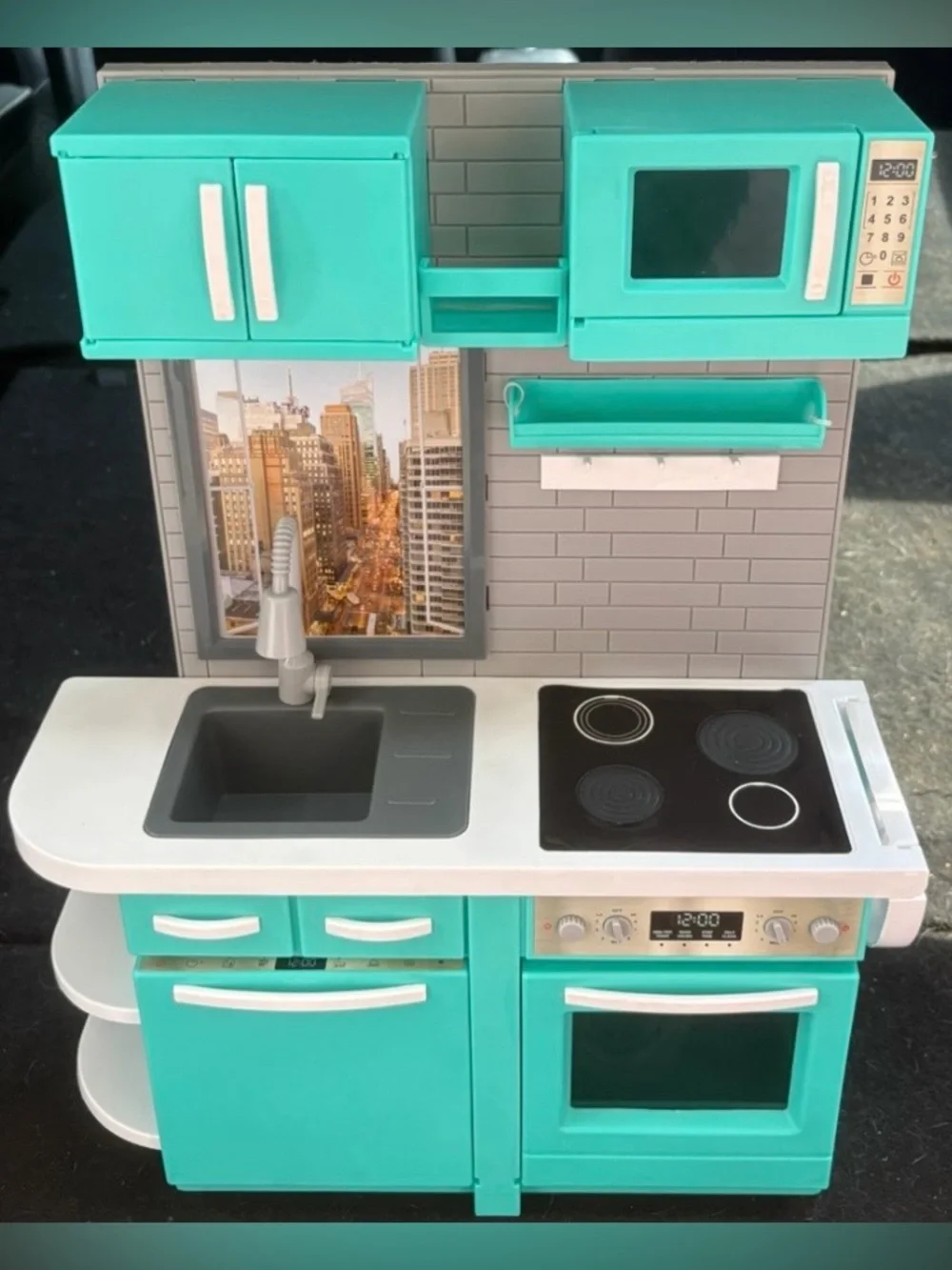 doll size Toy Kitchen Playset - Teal Home Kitchen by